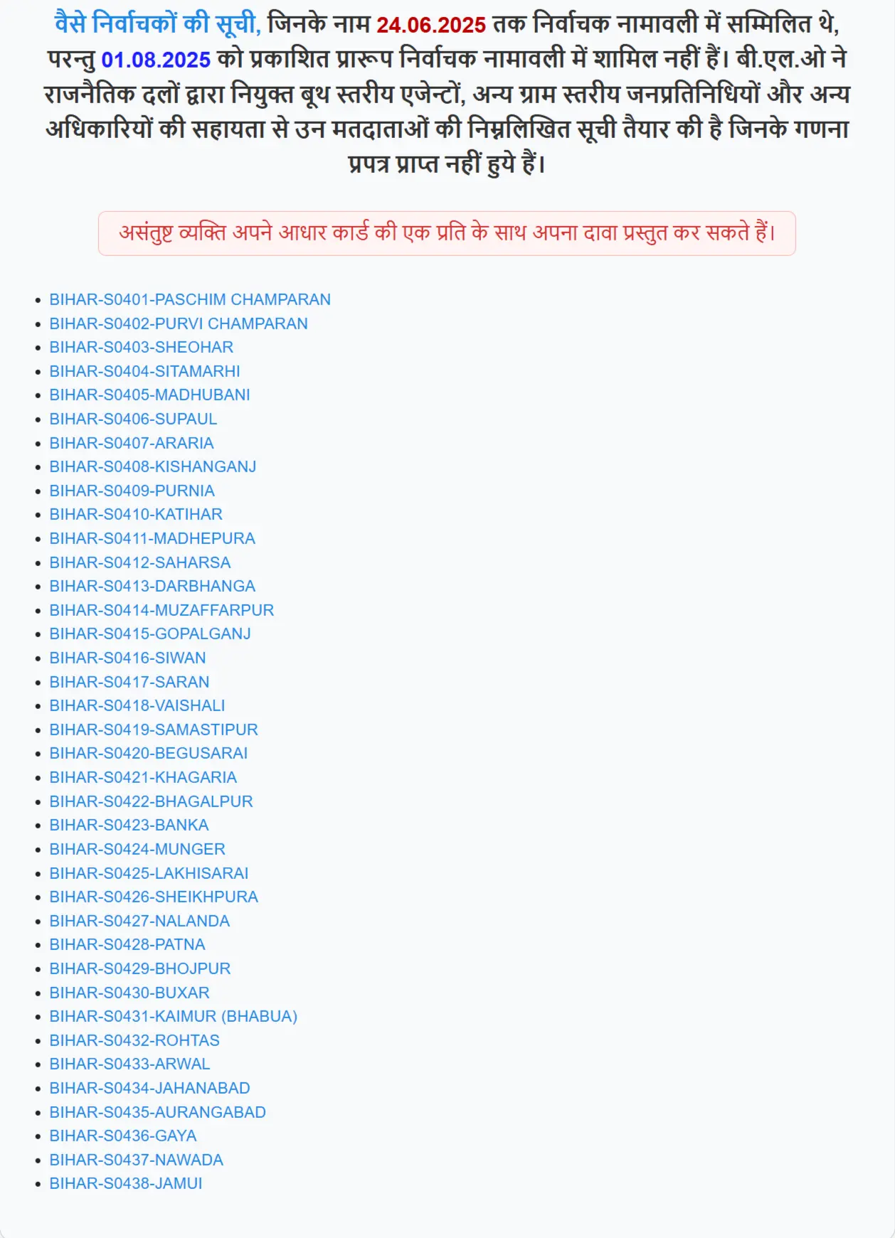 Bihar Voter Deletion List District Wise