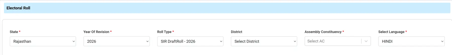 Select District,Assembly, Roll Type & Langauge