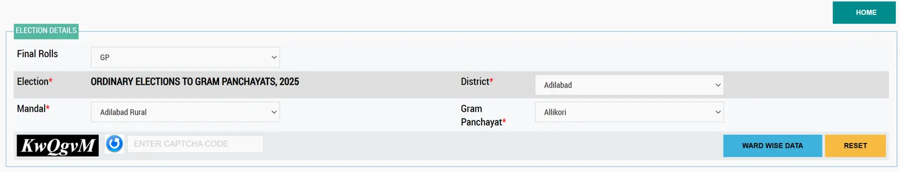 Select Roll,District,Mandal and Gram Panchayat