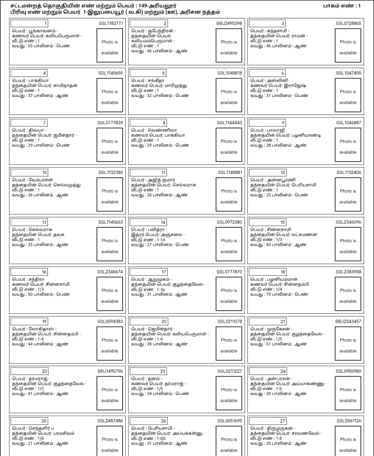 SIR 2026 TN Voter List PDF Sample