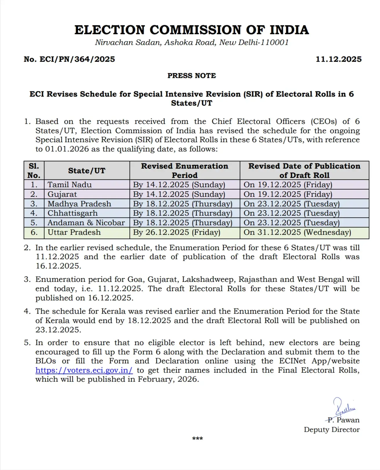 SIR Last Date Extension Notification by ECI