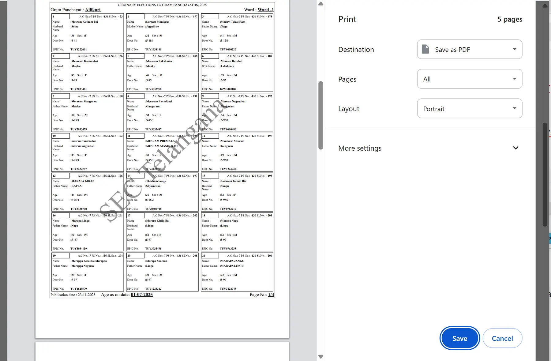 Telangana Gram Panchayat Voter List Sample