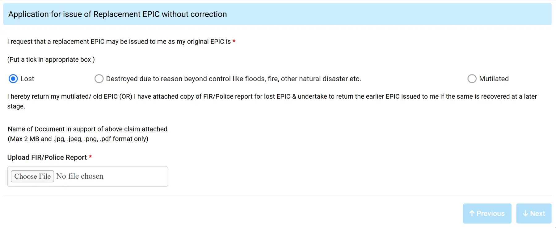 Application for issue of Replacement EPIC without correction