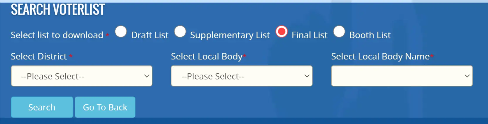 Select District, Local Body and Local Body Name