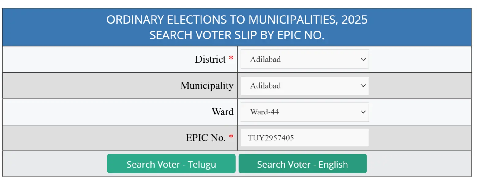 Select District, Municipality, Ward and Enter EPIC Number