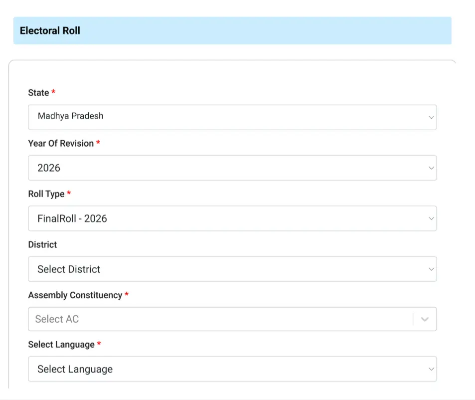 Select District, Roll Type and Assembly