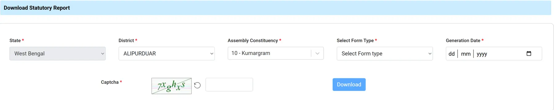 Select District,AC,Form Type,Date and enter Code