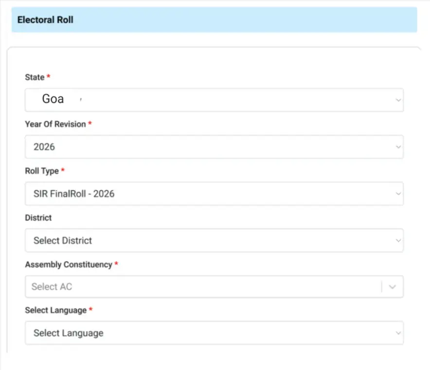 Select Roll type, District, Assembly and Langauge