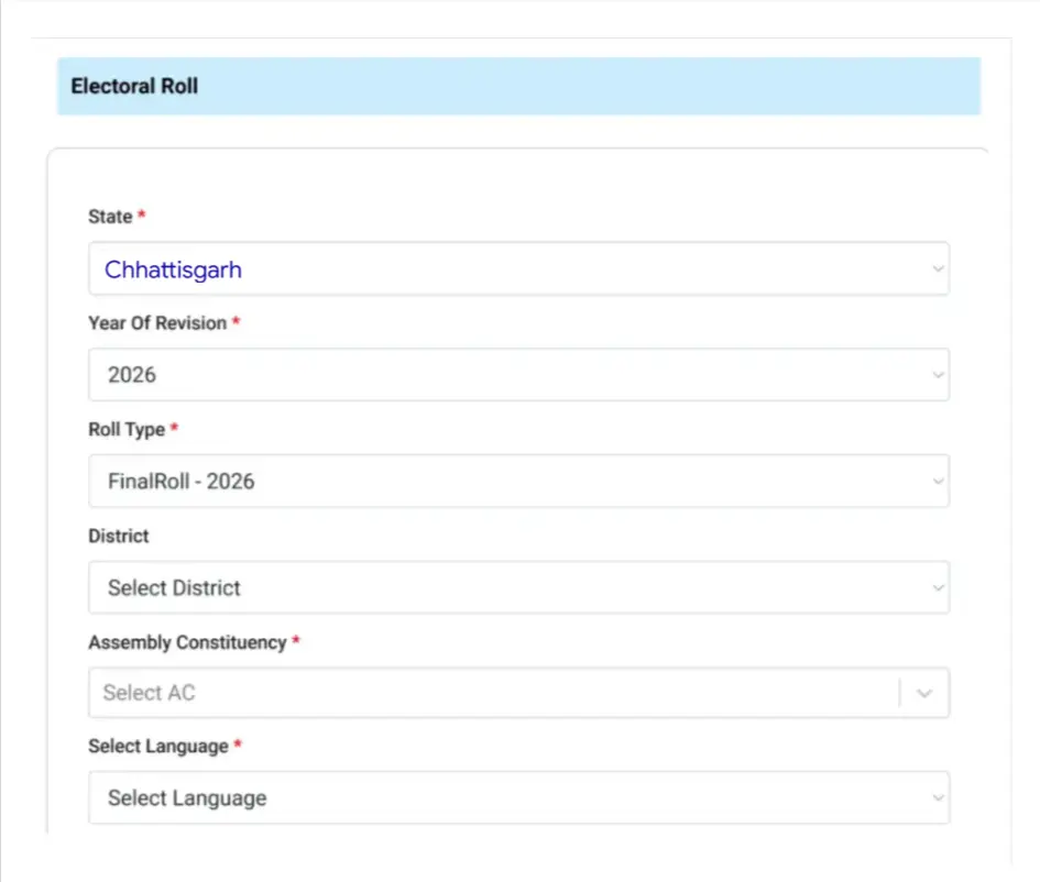 Select Roll Type, District, Assembly Constituency & Language