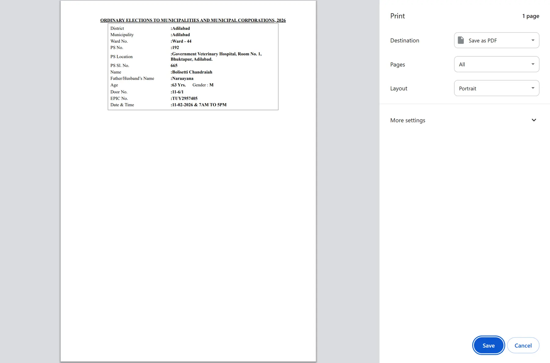 Telangana Municipal Election Voter List PDF Sample