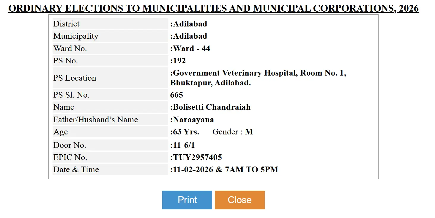 Telangana Municipal Election Voter Slip