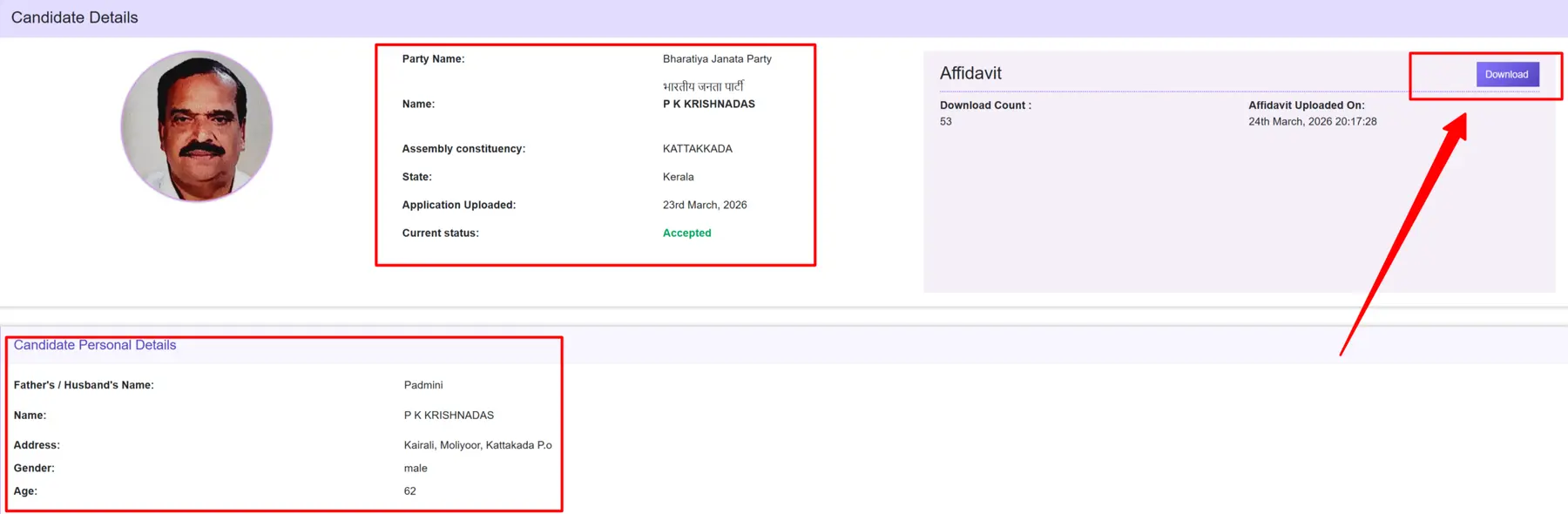 Affidavit Candidate Details