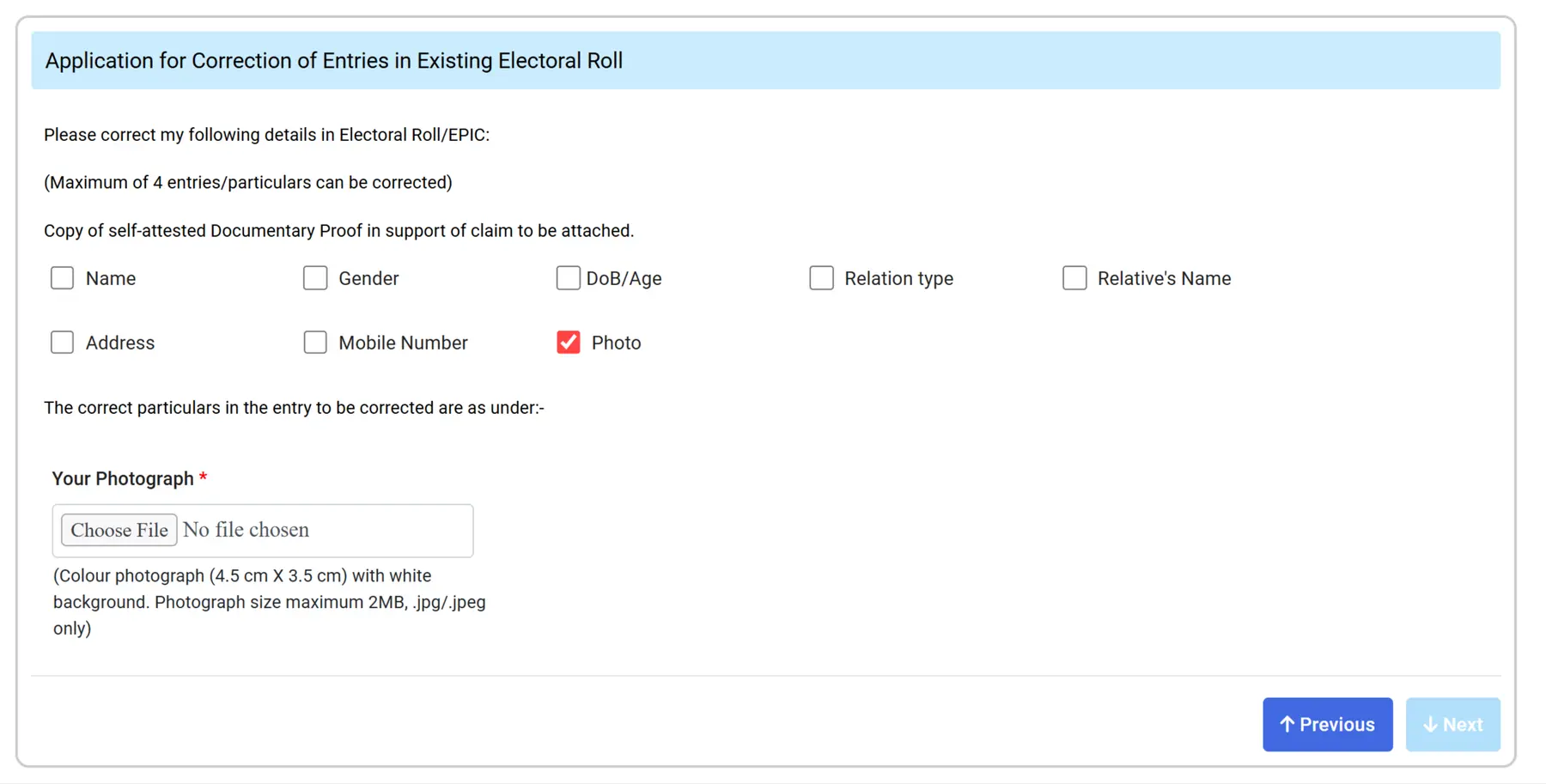 Application for Correction of Voter ID Card