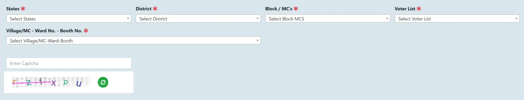 Select District, Ward, Village and enter Captcha Code